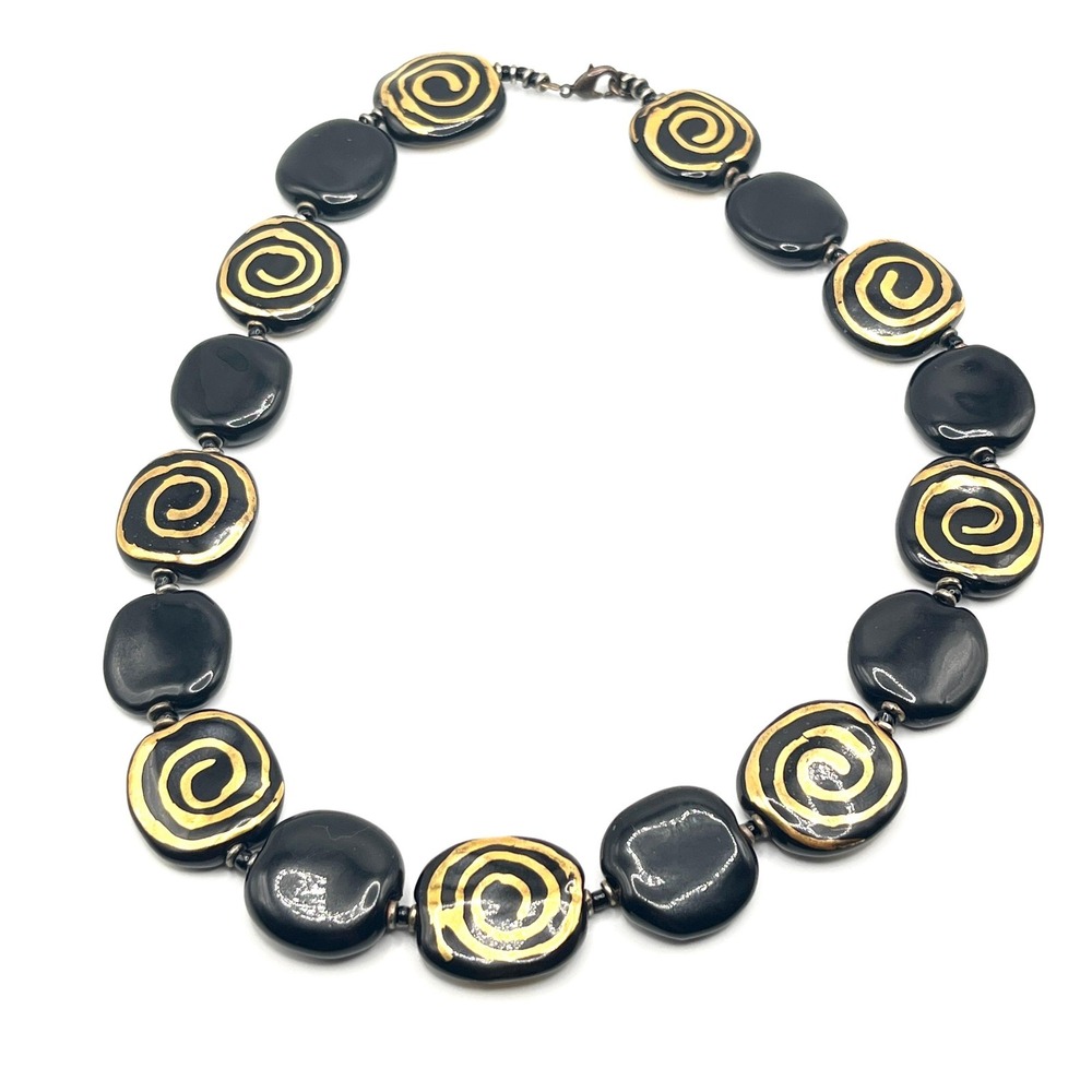 Vintage Spiral Black &‎ Gold Glazed Ceramic Necklace 16"